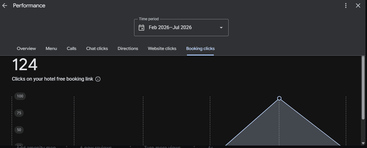 Google Business Profile Performance dashboard for Elsamere Lodge showing 124 clicks on the hotel's free booking link between February and July 2026.