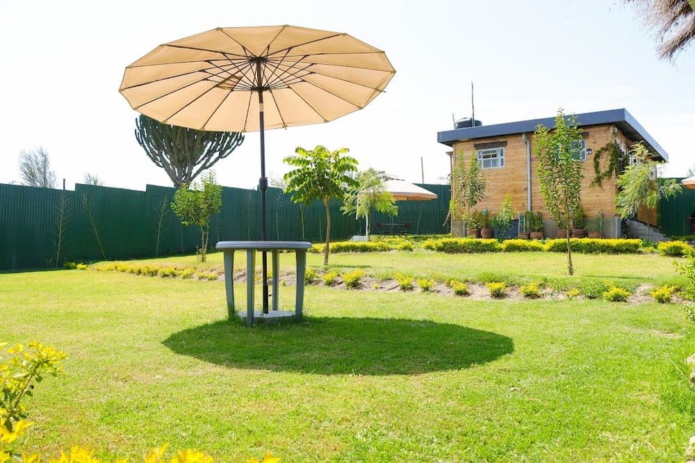 Garden at Wild Wood Cottages with a large cream umbrella over a table on a green lawn and a timber cottage in the background