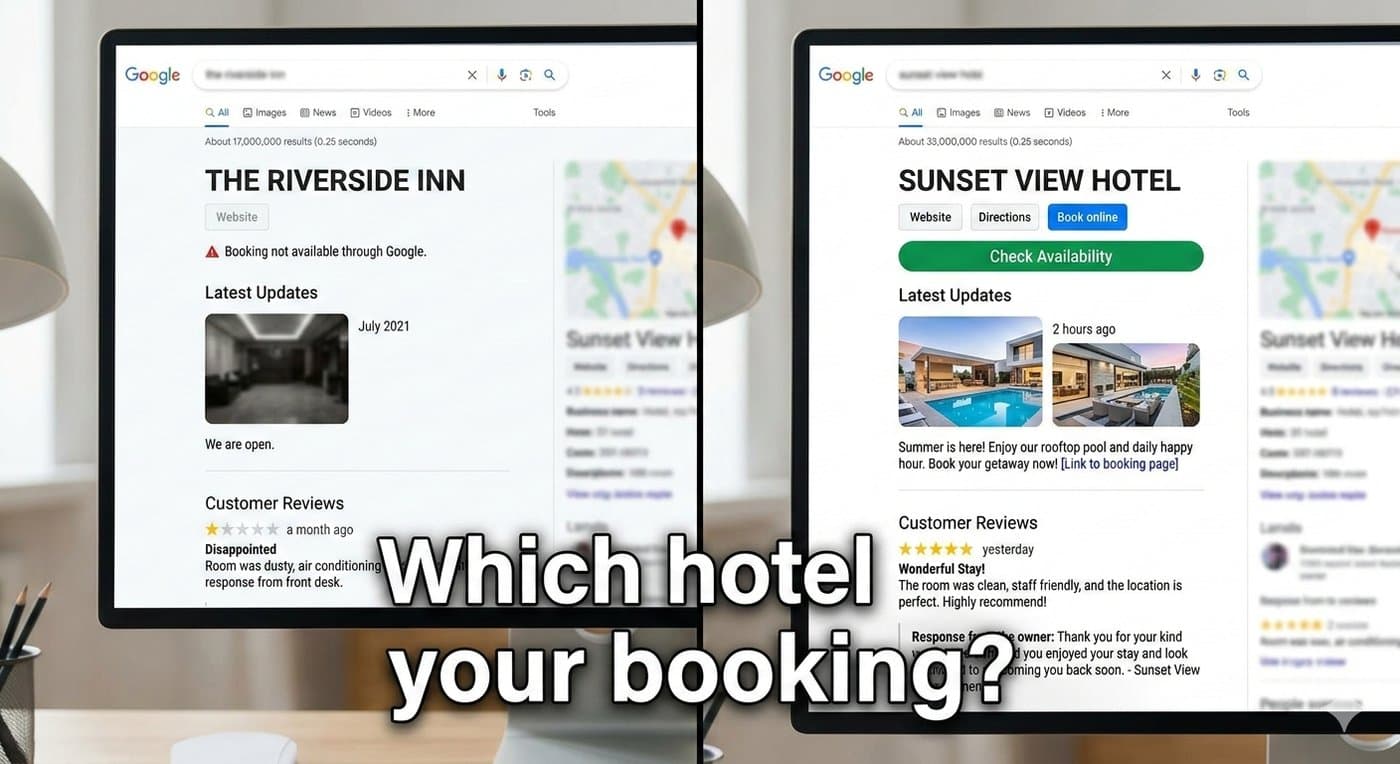Illustration comparing two hotels in Google search: The Riverside Inn, with no booking option, a July 2021 update and a one-star review, beside Sunset View Hotel, with Website, Directions and Book online buttons, fresh photos and a five-star review.
