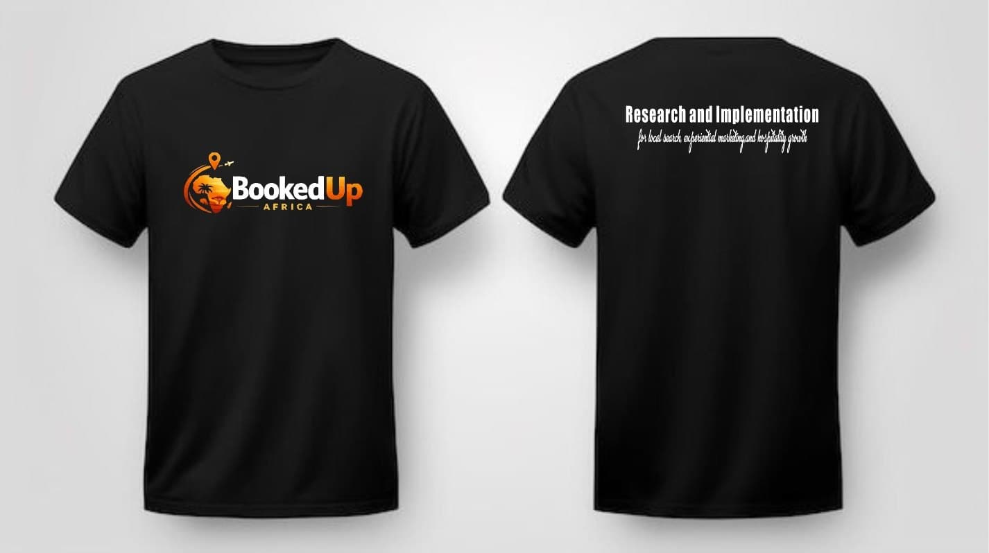 Black BookedUp Africa t-shirt, front with the logo and back reading "Research and Implementation" with the tagline in a flowing script font