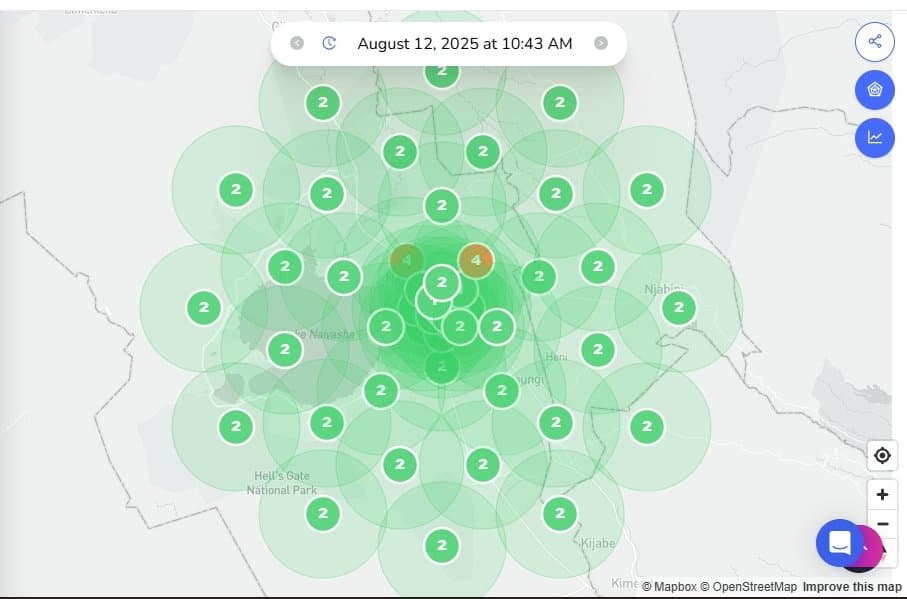 Local ranking map around Lake Naivasha. A grid of green circles, most numbered 2, with two orange circles numbered 4 near the centre, showing the hotel's ranking position at each point on the grid.